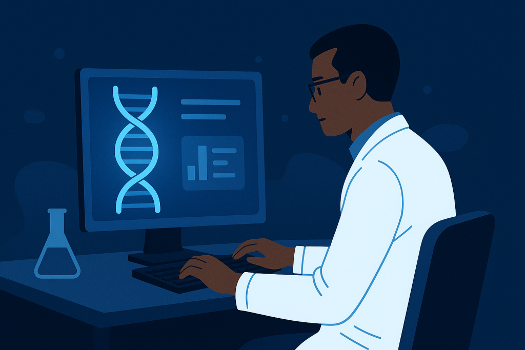 Scientist using computer to study genome through Bioinformatics software tools.