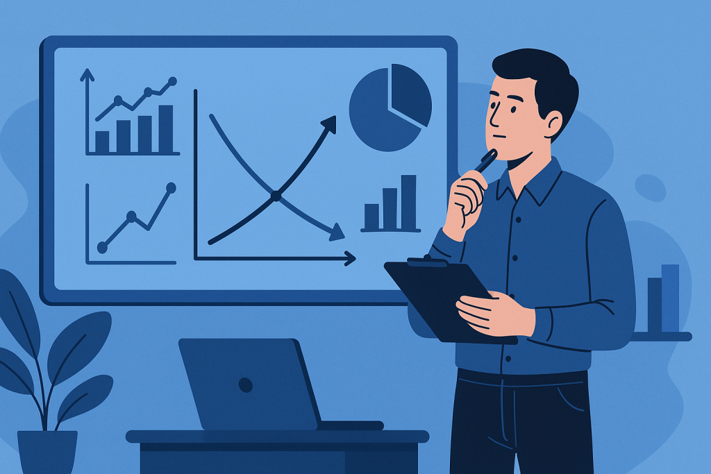 a man studying the statistics and graphs of supply and demand for the market