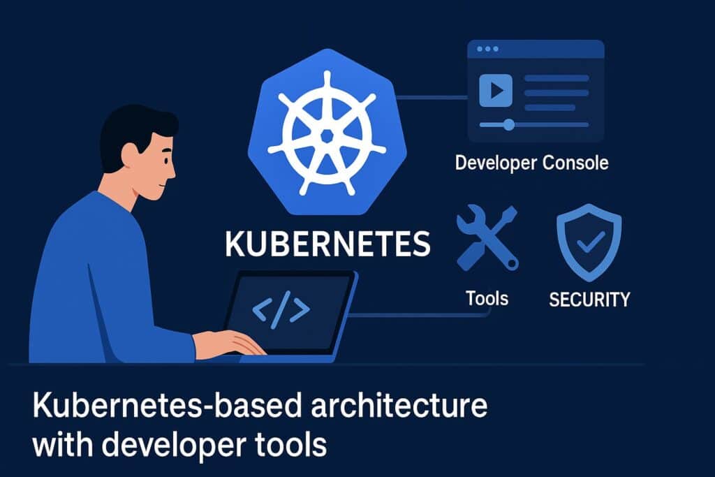 Developer using Kubernetes-based architecture with integrated tools and security.