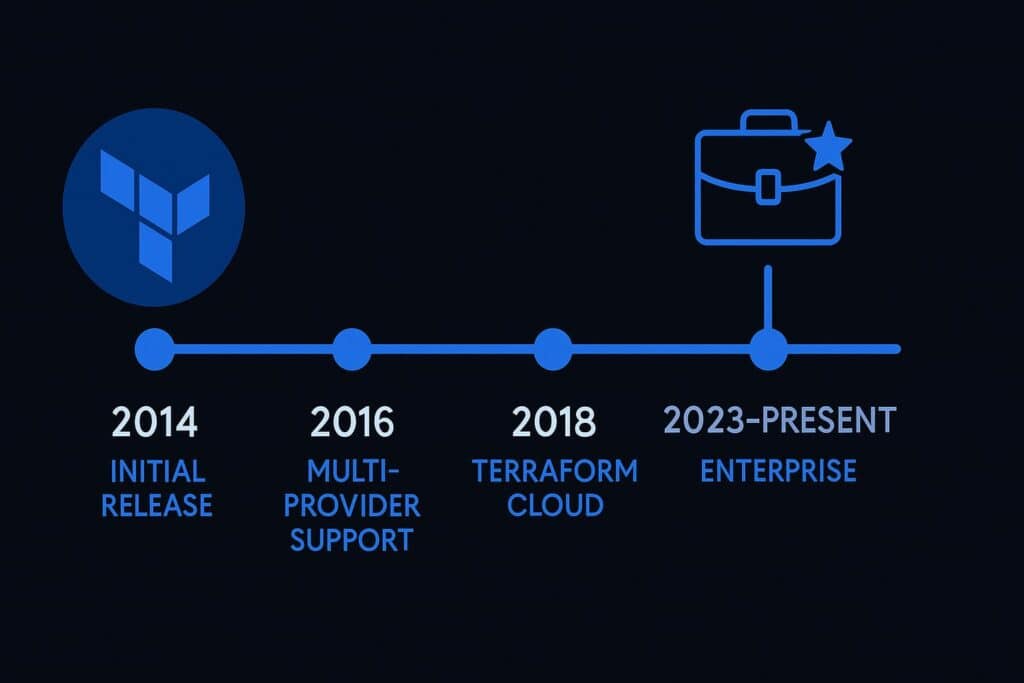 Modern blue timeline graphic showing Terraform’s milestones from 2014 to enterprise adoption.