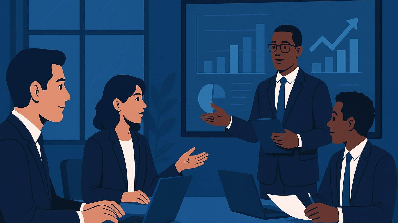 Corporate team discussing financial forecasts in a modern office, representing strategic Risk Management in business operations.