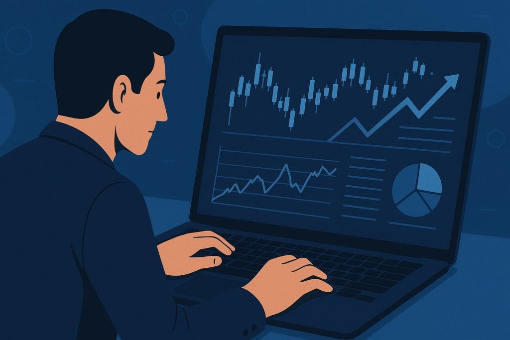 Investor analyzing fluctuating stock graphs on laptop screen.