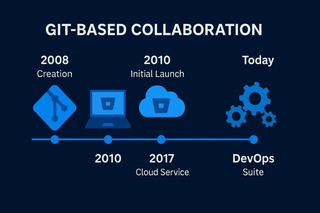 Timeline graphic showing evolution of Git-based collaboration tools from 2008 to today.