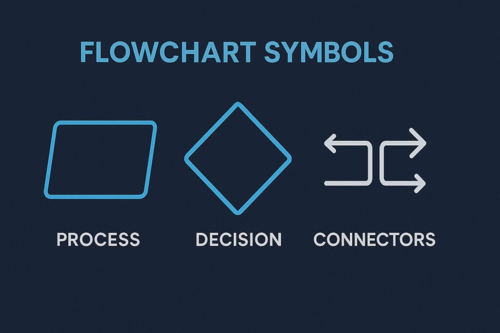 Flowchart symbols labeled with process, decision, and connectors.