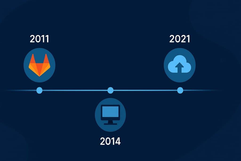 Timeline showing GitLab’s evolution from open-source tool to global DevOps platform.