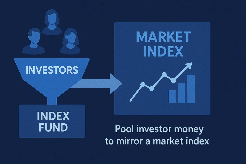 Infographic showing how index funds pool investor money to mirror a market index.