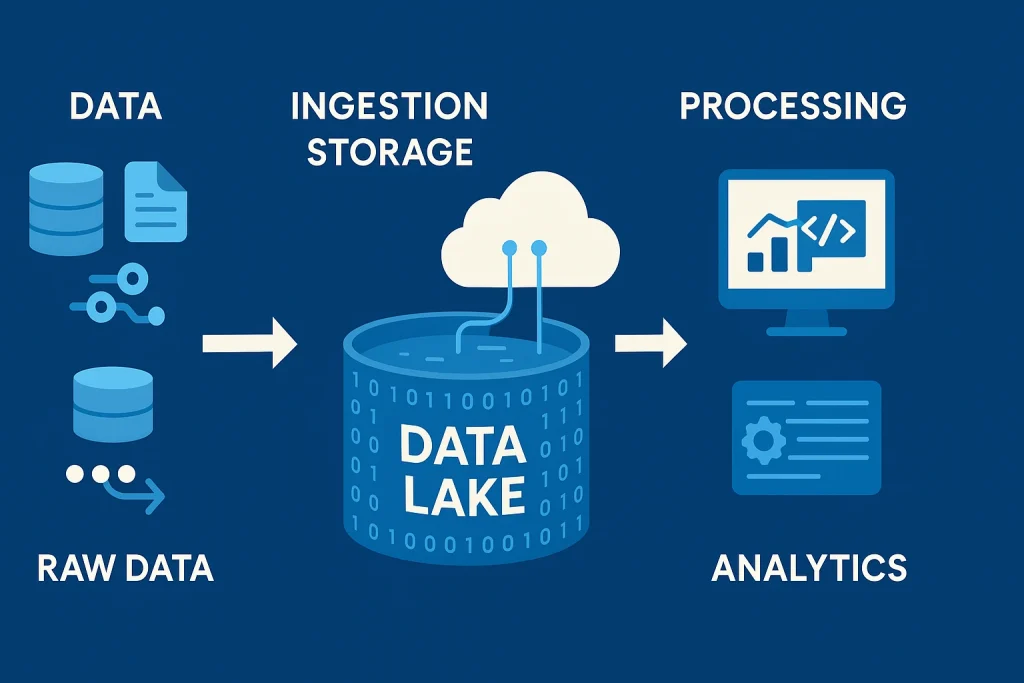 Diagram showing how raw data flows into a Data Lake through ingestion, storage, processing, and analytics layers.