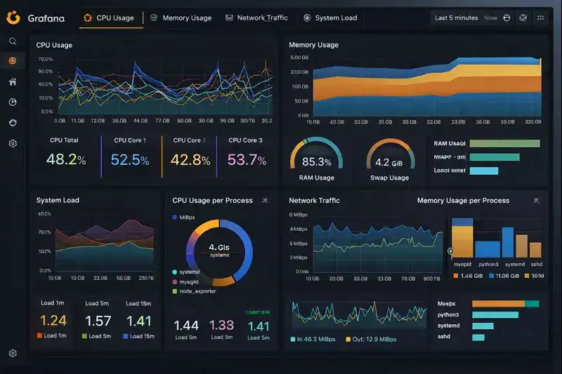 Grafana dashboard showing real-time metrics with dynamic charts for CPU, memory, and network usage.