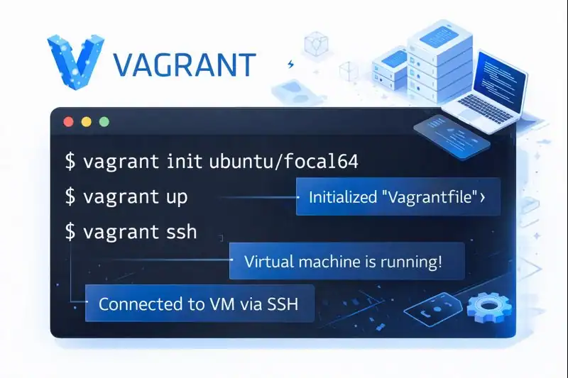 Vagrant interface showcasing a virtual development environment setup, highlighting command-line usage to initialize, configure, and manage reproducible virtual machines.