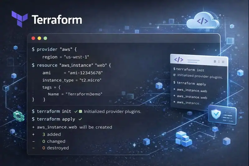 Terraform terminal interface displaying infrastructure as code, showcasing automated provisioning of cloud resources using HCL configuration files