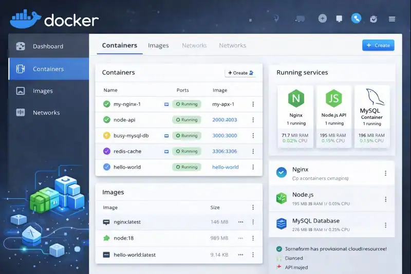 Docker interface showing containerized applications, images, and running services, illustrating lightweight virtualization and DevOps workflows.