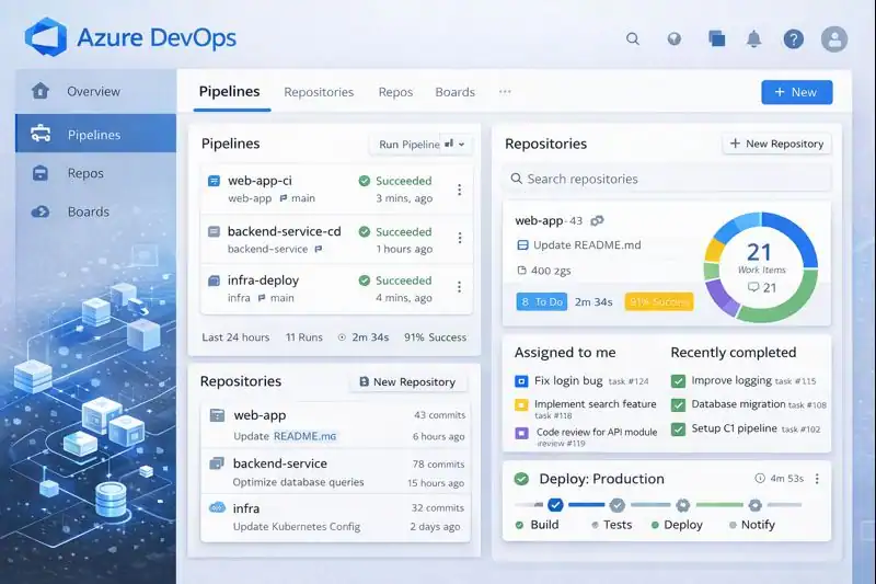 Azure DevOps dashboard displaying project pipelines, repositories, and work items, highlighting end-to-end CI/CD and collaborative development tools.