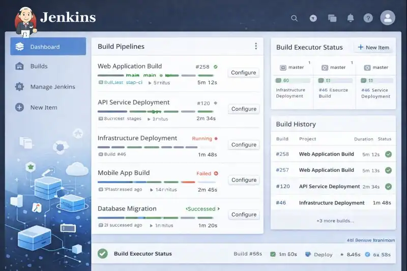 Jenkins dashboard displaying build pipelines and job statuses, highlighting continuous integration and automated deployment processes.