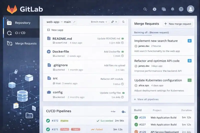 GitLab interface showing repository files, CI/CD pipeline status, and merge requests, highlighting collaborative DevOps and version control workflows.