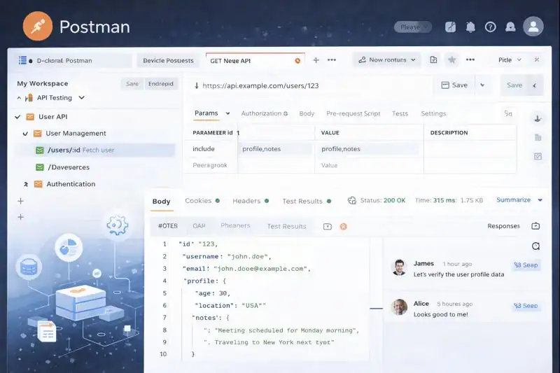 Postman interface displaying API request details, including endpoints, parameters, and responses, highlighting API testing and collaboration features