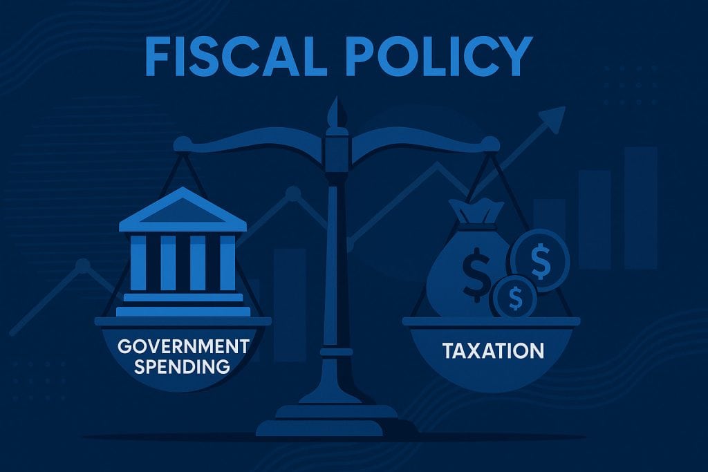 Fiscal policy balance scales showing spending and taxation.