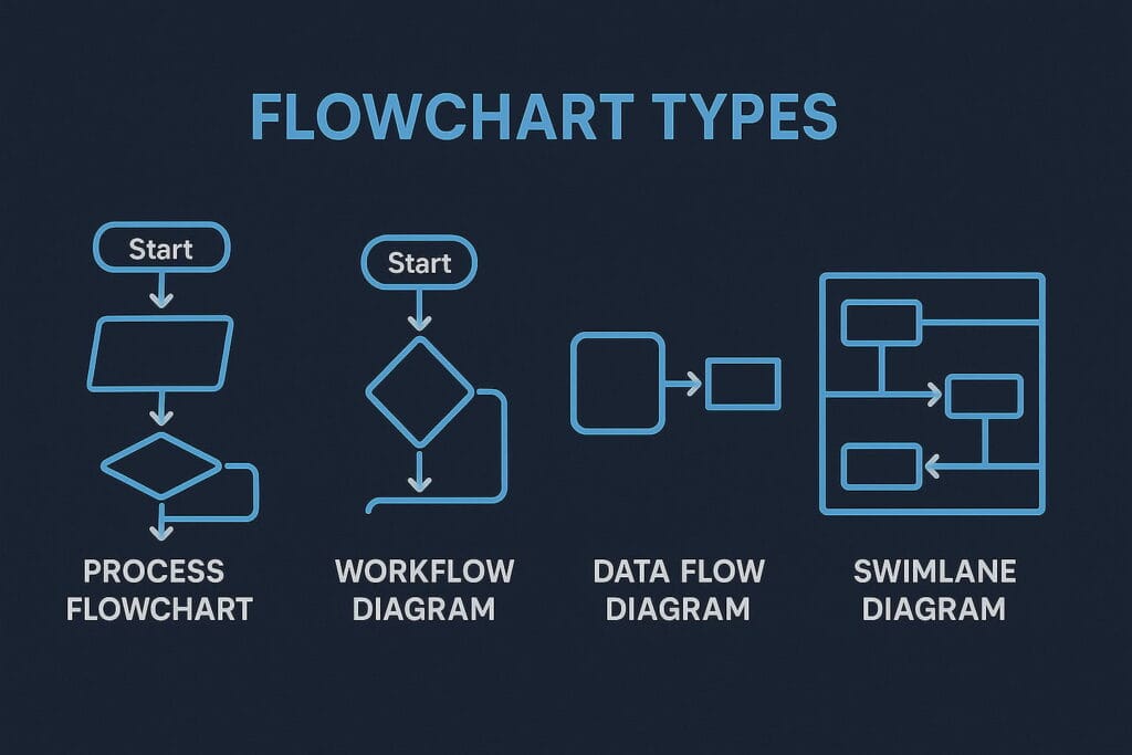 Different flowchart types displayed side by side with labeled examples.