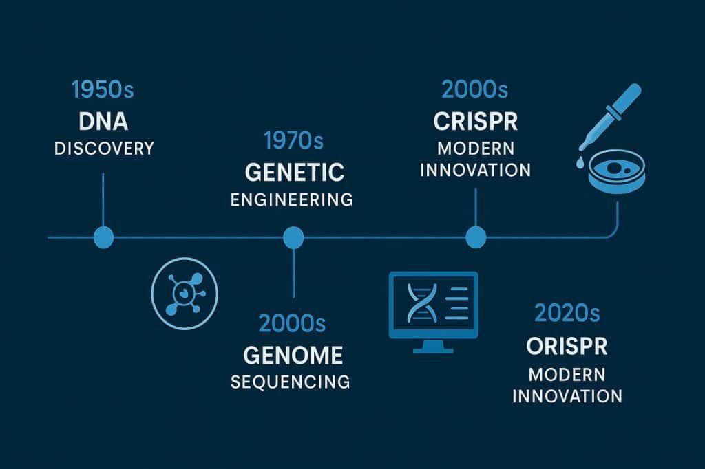 Timeline illustration showing biotechnology milestones from DNA discovery to modern CRISPR innovation