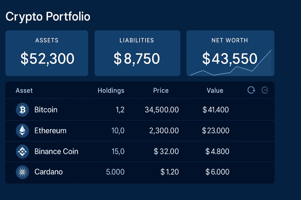 Crypto portfolio dashboard with real-time assets and liabilities, and net worth stats.