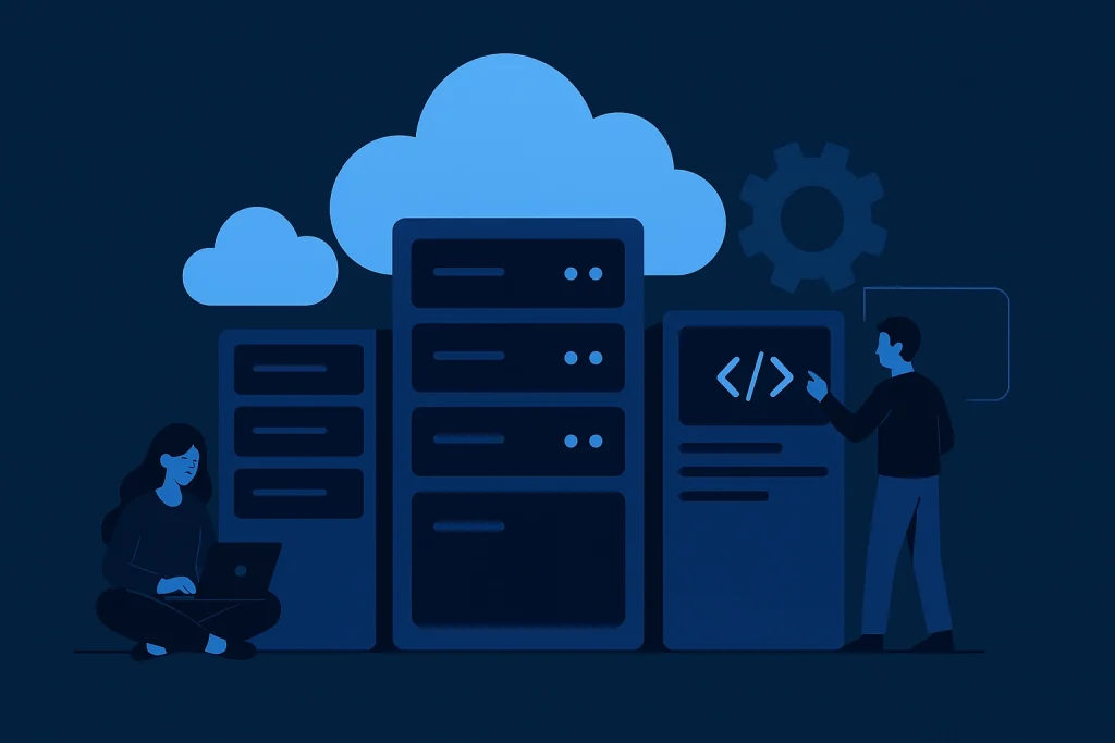 Illustration of servers, cloud icons, and developers symbolizing the architecture of Platform as a Service.
