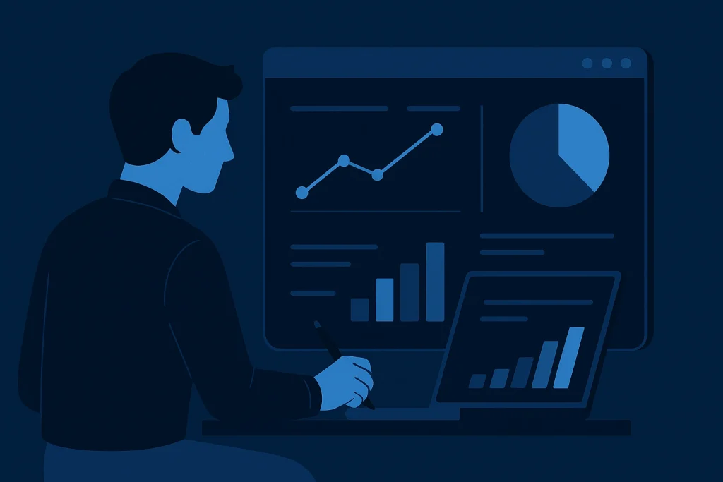 Data analyst creating visual report on modern blue dashboard.