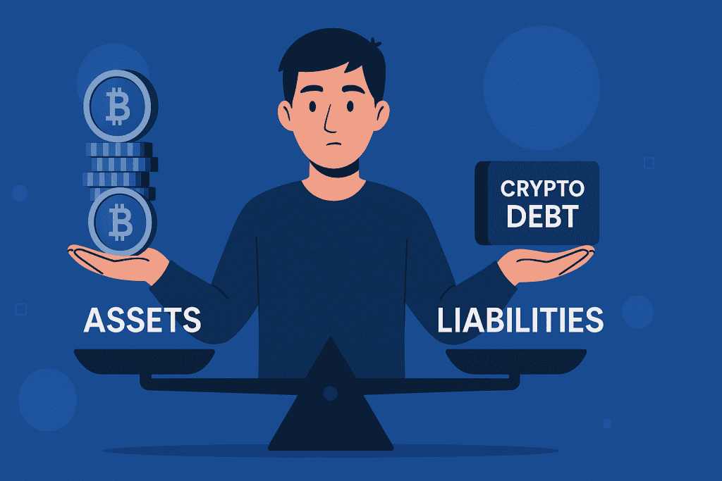 Person balancing crypto coins and debt blocks.