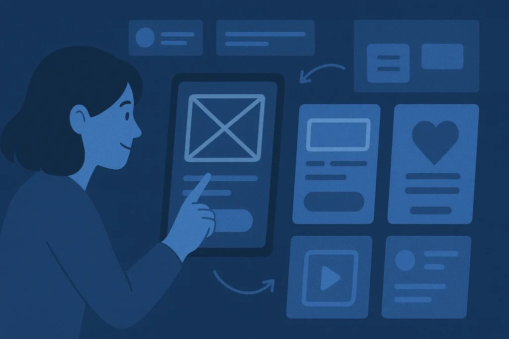 UX designer creating wireframes and prototypes on digital whiteboard.