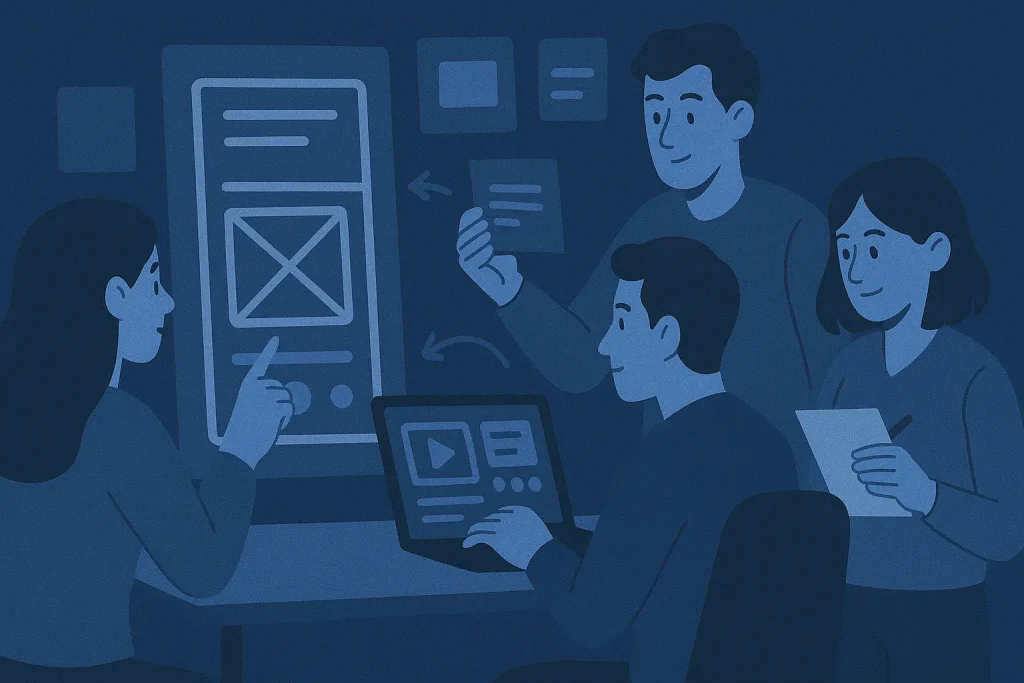 UX specialists collaborating on wireframes, visuals, and research notes.