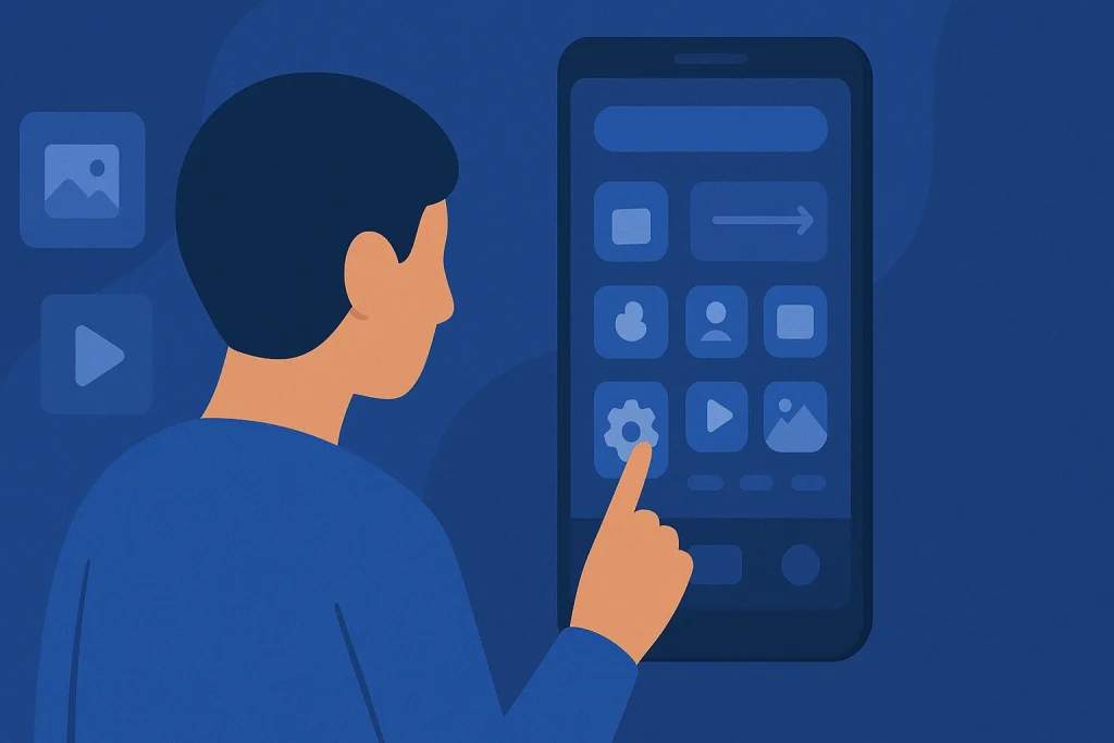 User tapping smartphone interface with visible app icons and menus.