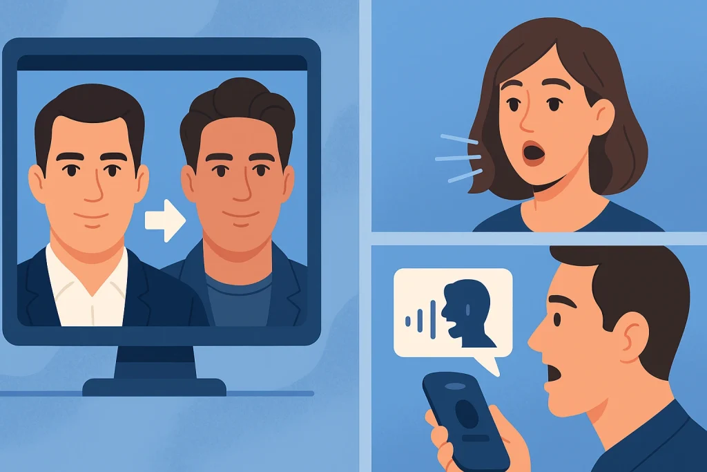 Collage showing face-swap, lip-sync, and voice deepfake examples.