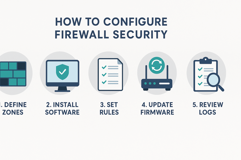 Infographic showing five firewall setup steps with icons.