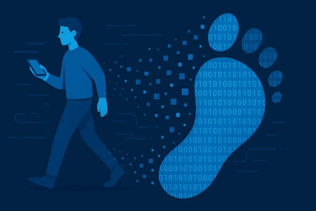 Person walking with data trail forming a digital footprint in cyberspace.