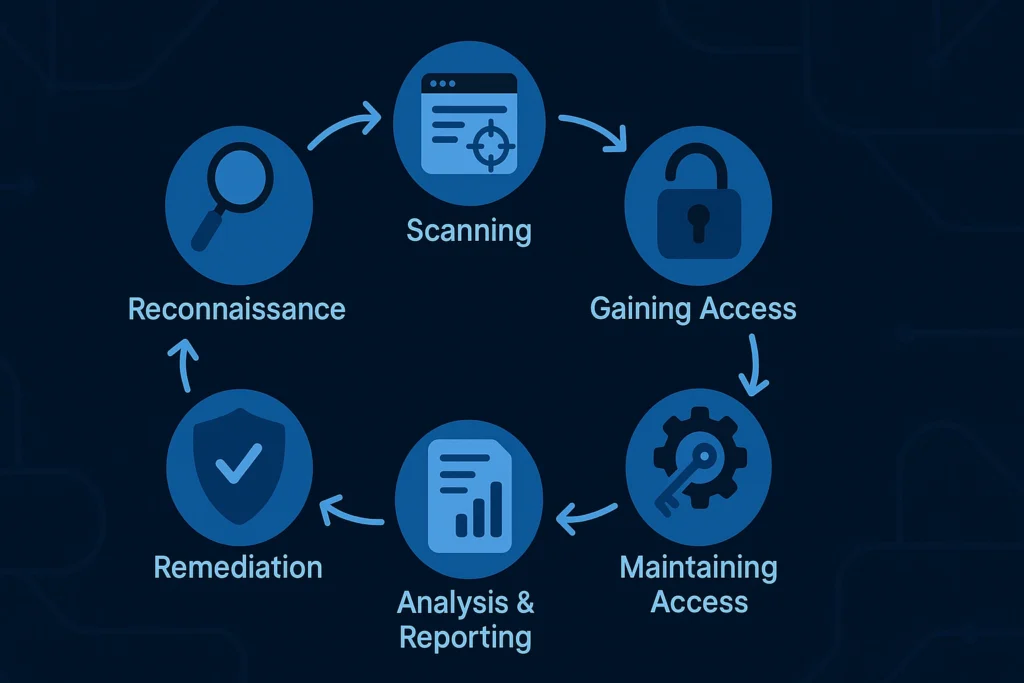 Circular flowchart of ethical hacking steps: Reconnaissance → Scanning → Gaining Access → Maintaining Access → Analysis & Reporting → Remediation.