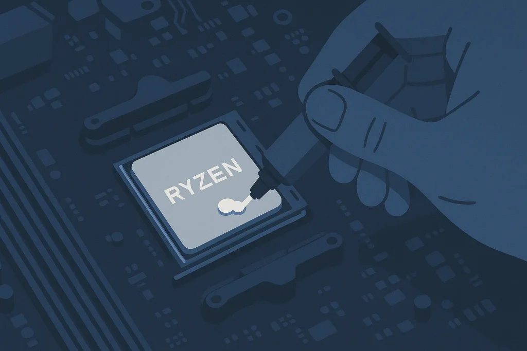 Hand applying thermal paste on Ryzen CPU mounted on motherboard.