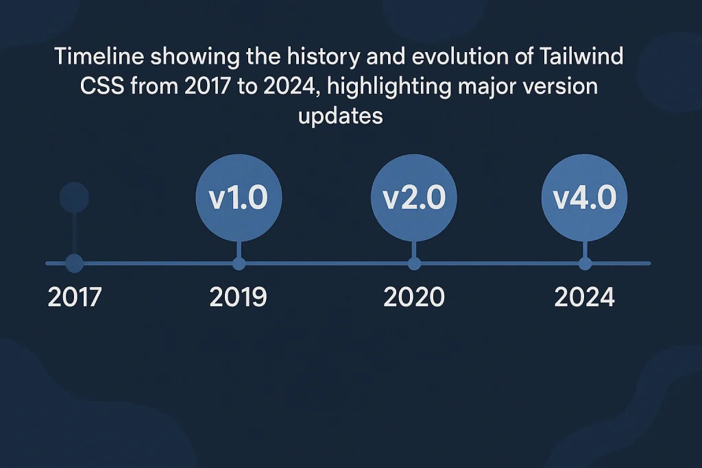 Timeline showing the history and evolution of Tailwind CSS from 2017 to 2024, highlighting major version updates.