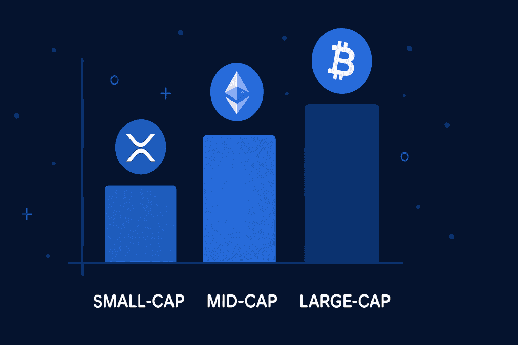 Bar chart comparing small, mid, and large market cap cryptocurrencies.
