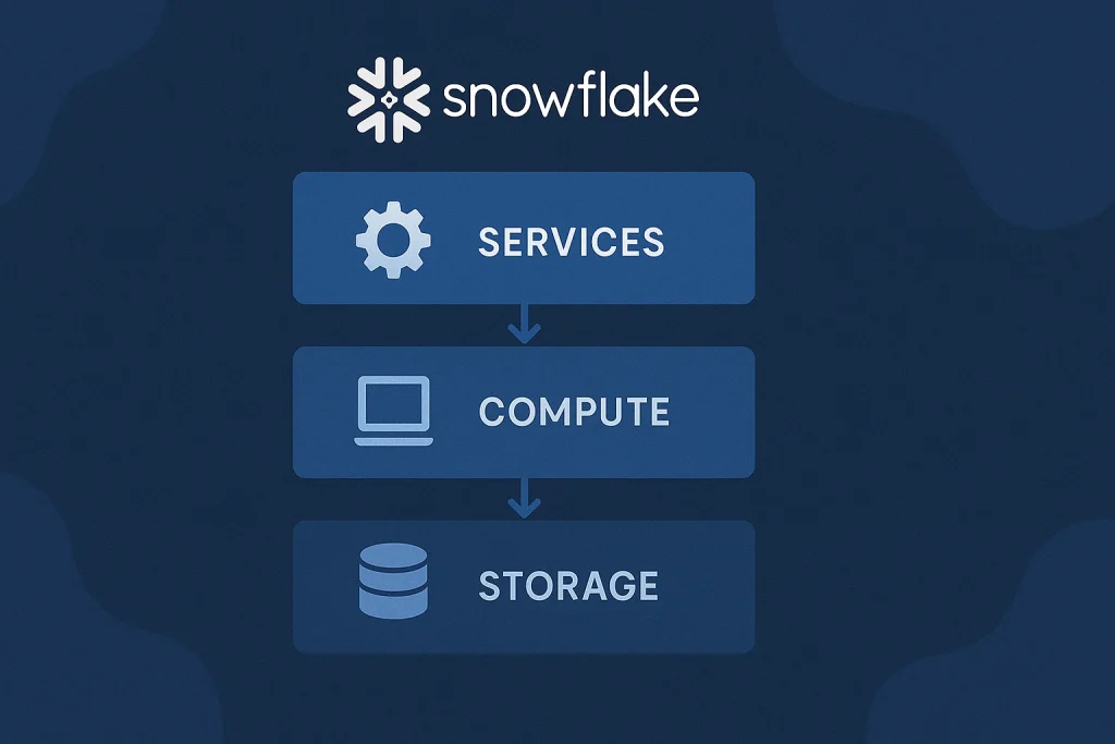 Diagram illustrating the three-layer Snowflake architecture — storage, compute, and services working together for optimized performance.