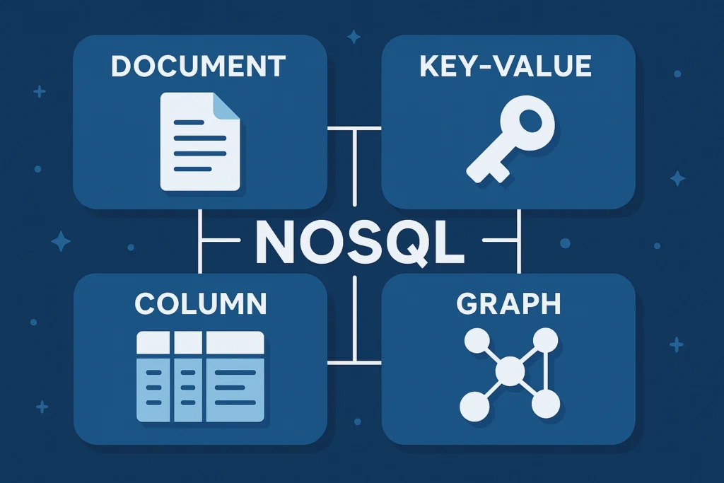 Diagram showing four main types of NoSql databases — document, key-value, column, and graph