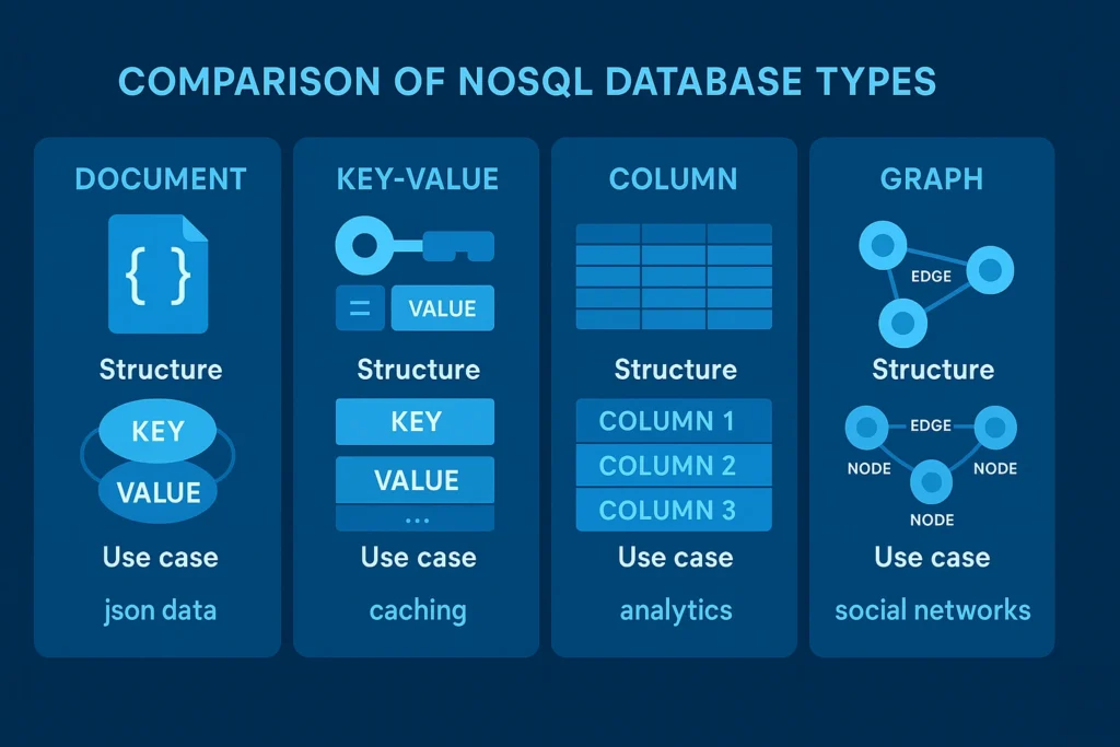 Visual comparison of NoSql database types highlighting their structures and use cases