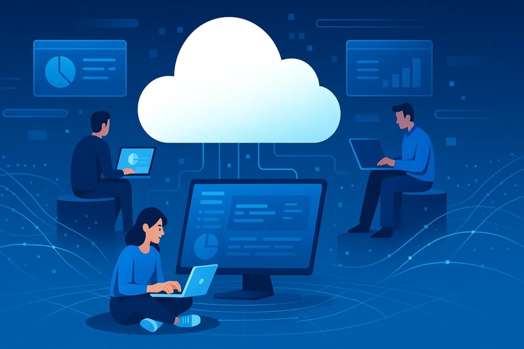 A team of developers collaborating on cloud-based software using Platform as a Service (PaaS) technology.