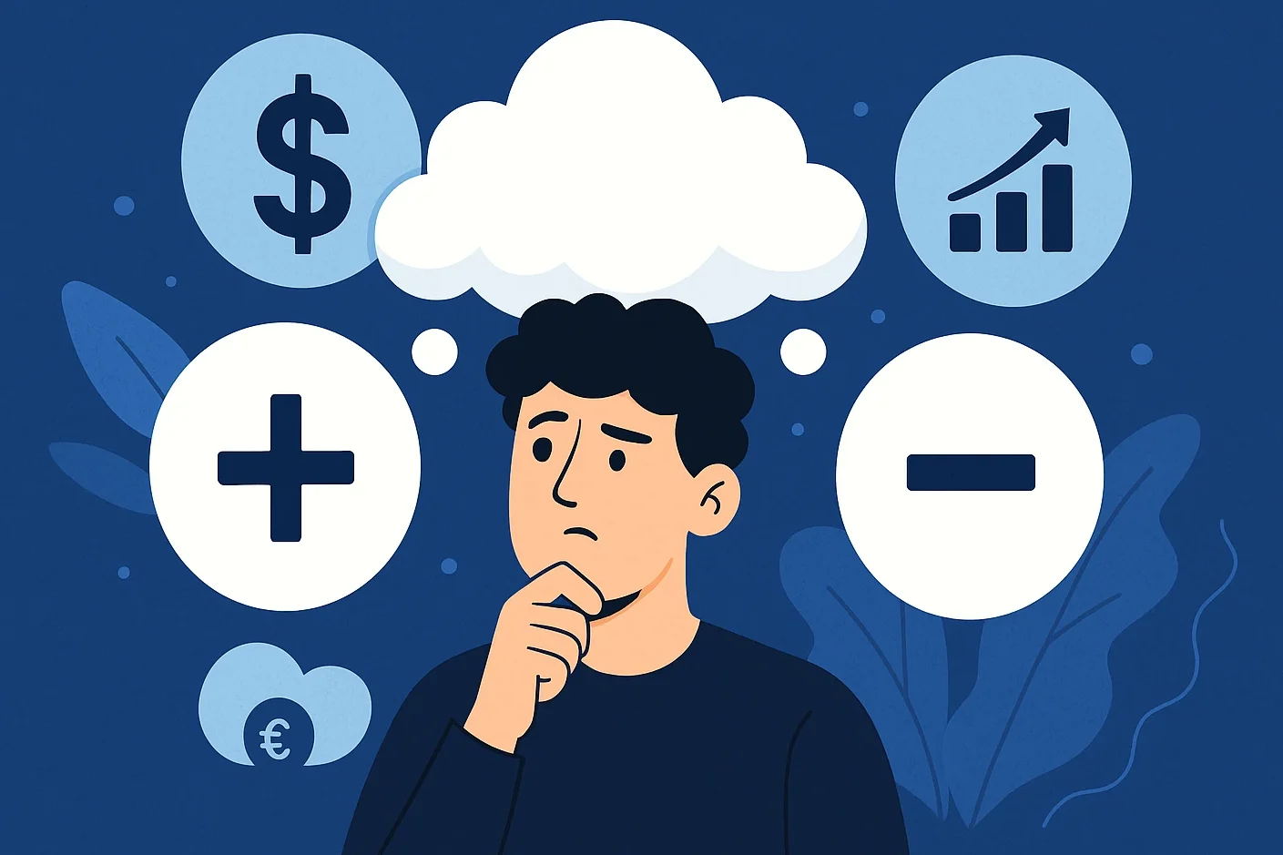 a man with a cloud on his head thinking of the pros and cons of opportunity cost