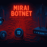 Smart home devices hacked by Mirai botnet glowing in red.