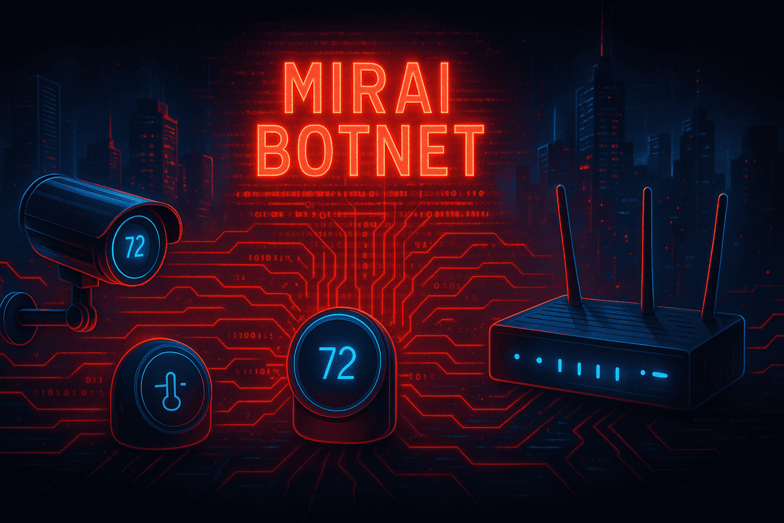 Smart home devices hacked by Mirai botnet glowing in red.