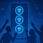 People reaching for Pi Coin on smartphone screen.