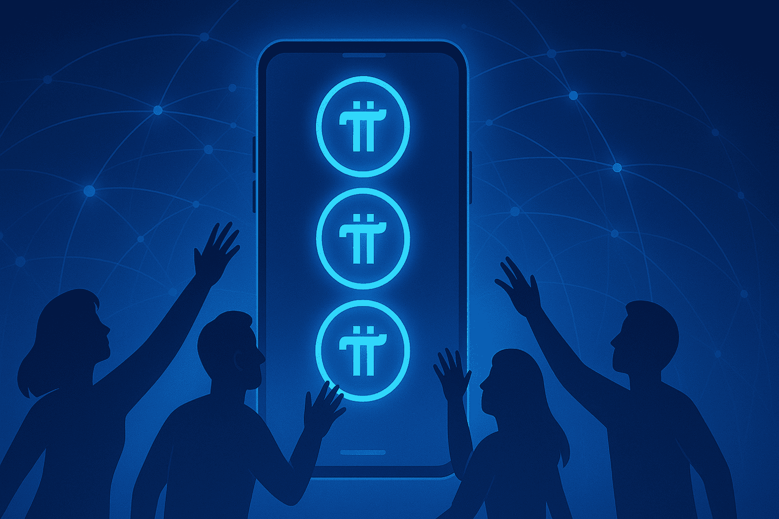 People reaching for Pi Coin on smartphone screen.
