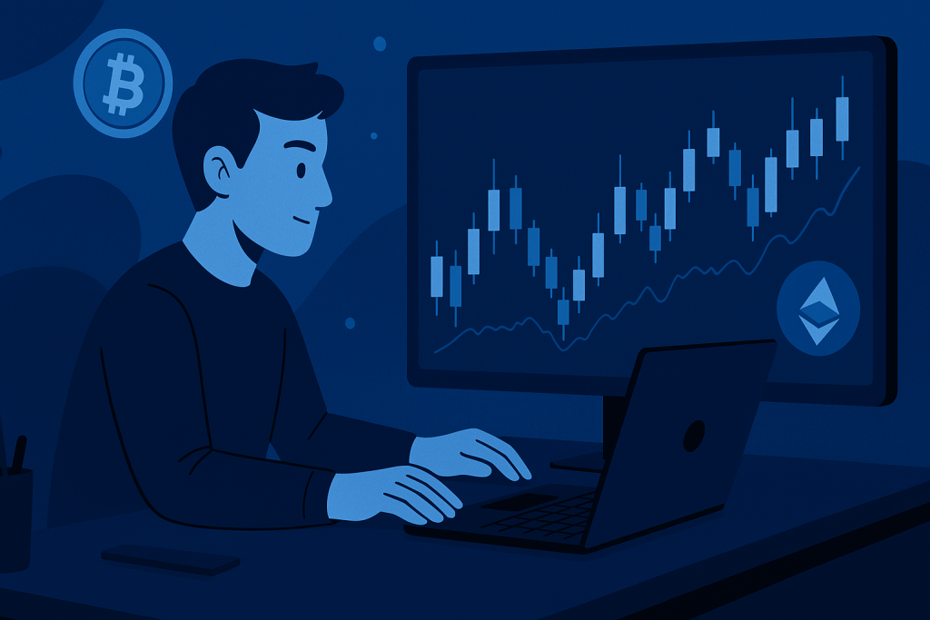 Day Trading for Beginner analyzing candlestick chart on screen.