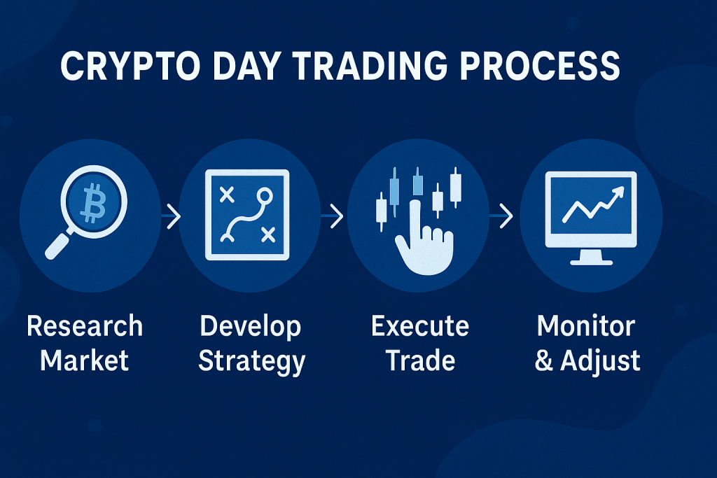 Crypto day trading steps infographic with icons.