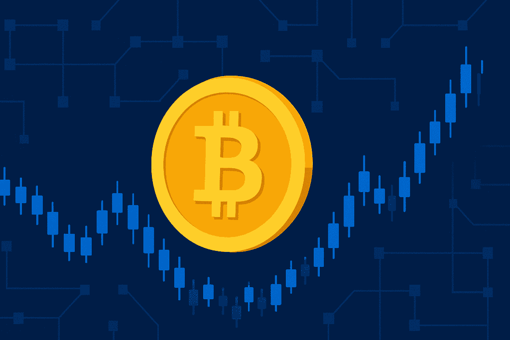 Bitcoin floating over price chart and blockchain nodes.