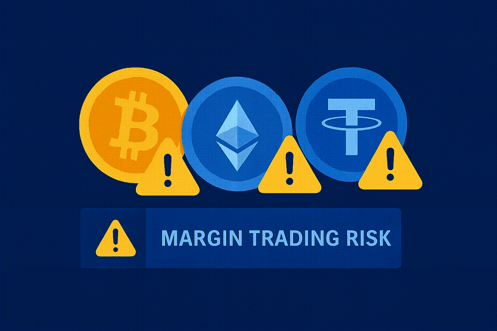 Bitcoin, Ethereum, Tether coins with margin trading risk warning.