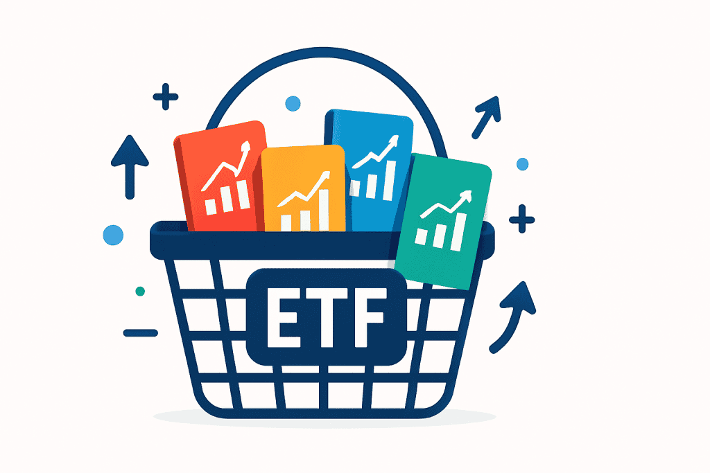 ETF basket holding colorful stock cards on white background.